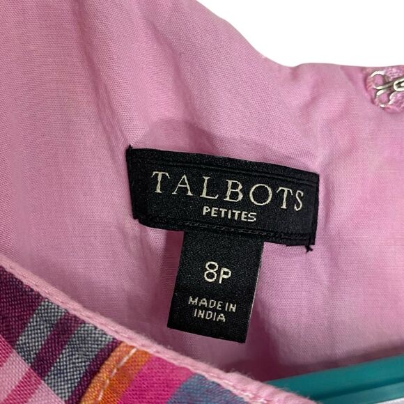 Talbots Dress Womens 8 Petite Pink Blue Plaid Patchwork Madras Preppy Pockets - Picture 3 of 10